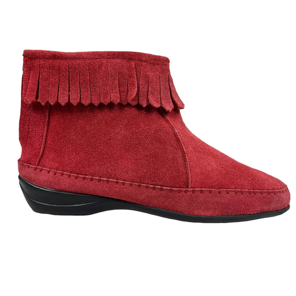 Red Suede Leather Ankle Moccasin Fringe Boots Size 8.5 Like new!